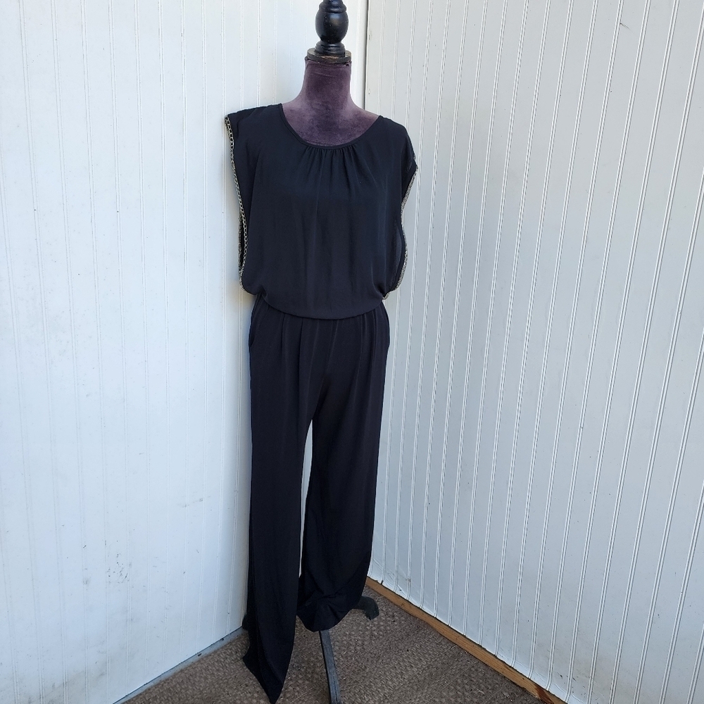BCX Women's Black Stretch Cap Sleeve Sheer Chain Detail Jumpsuit Black  Sz SF9